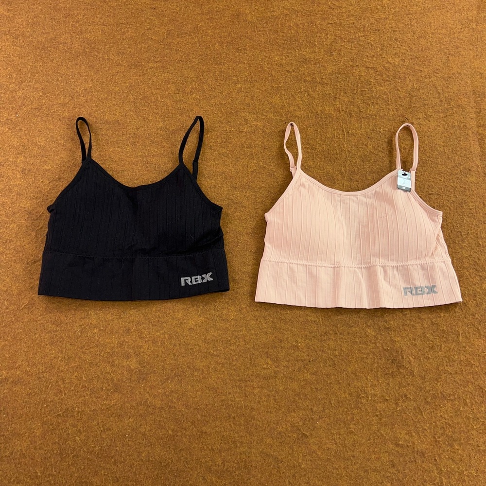 RBX Womens Medium Black Peach Ribbed Seamless 2-Pack Removable Pad Crop Tops New